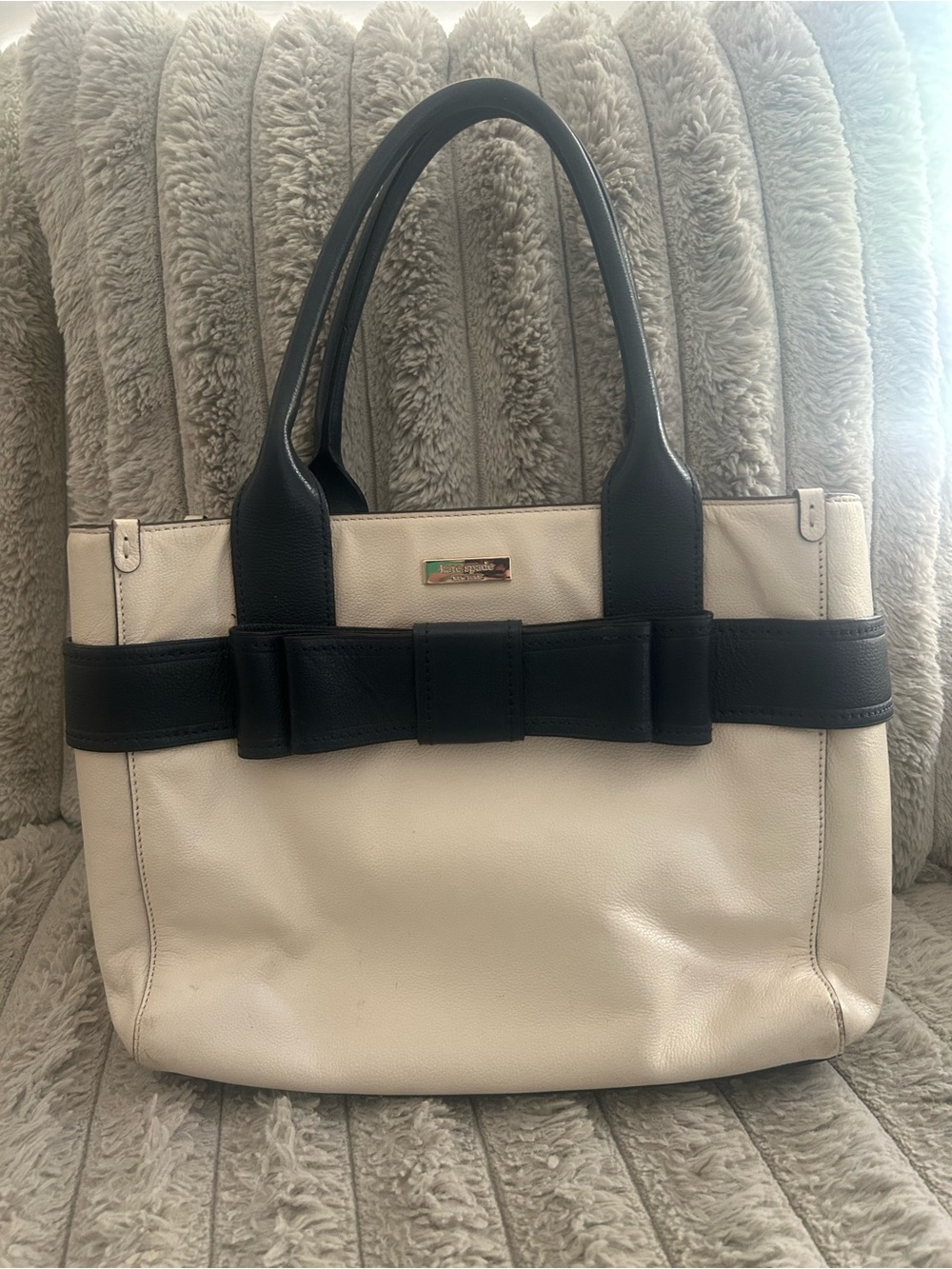 Kate Spade New York Ivory Navy Leather Bow Tote Shoulder Bag